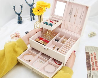 HQ PU Jewelry Box Storage Case For Necklaces Finger Rings Earrings 35x24x4.5cm 