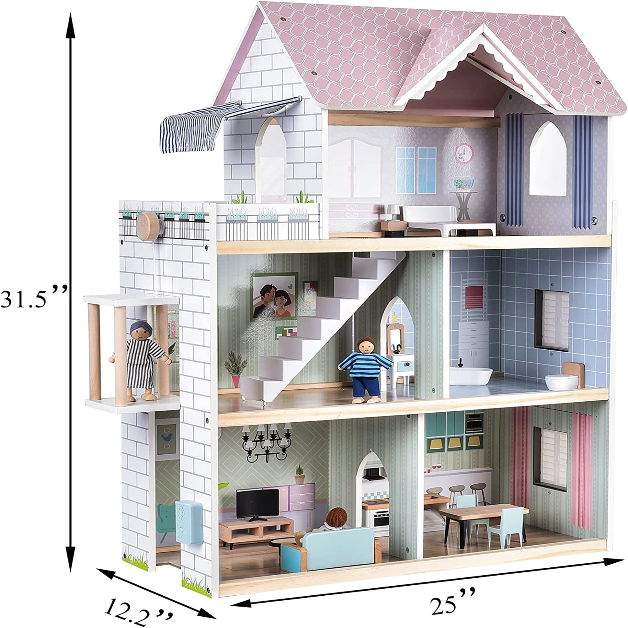 Giant bean Wooden Doll House, 2.6-ft Tall DIY Miniature Dollhouse Kit with  Elevator, Doorbell & Light, 15 Pieces Furniture, Large Toy Gift for Kids