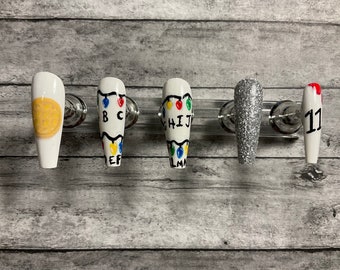 TV show series inspired Sci-Fi press on nails/Stanger/eleven/waffles/Christmas lights/bloody nails/teen nails/011/trendy halloween nails