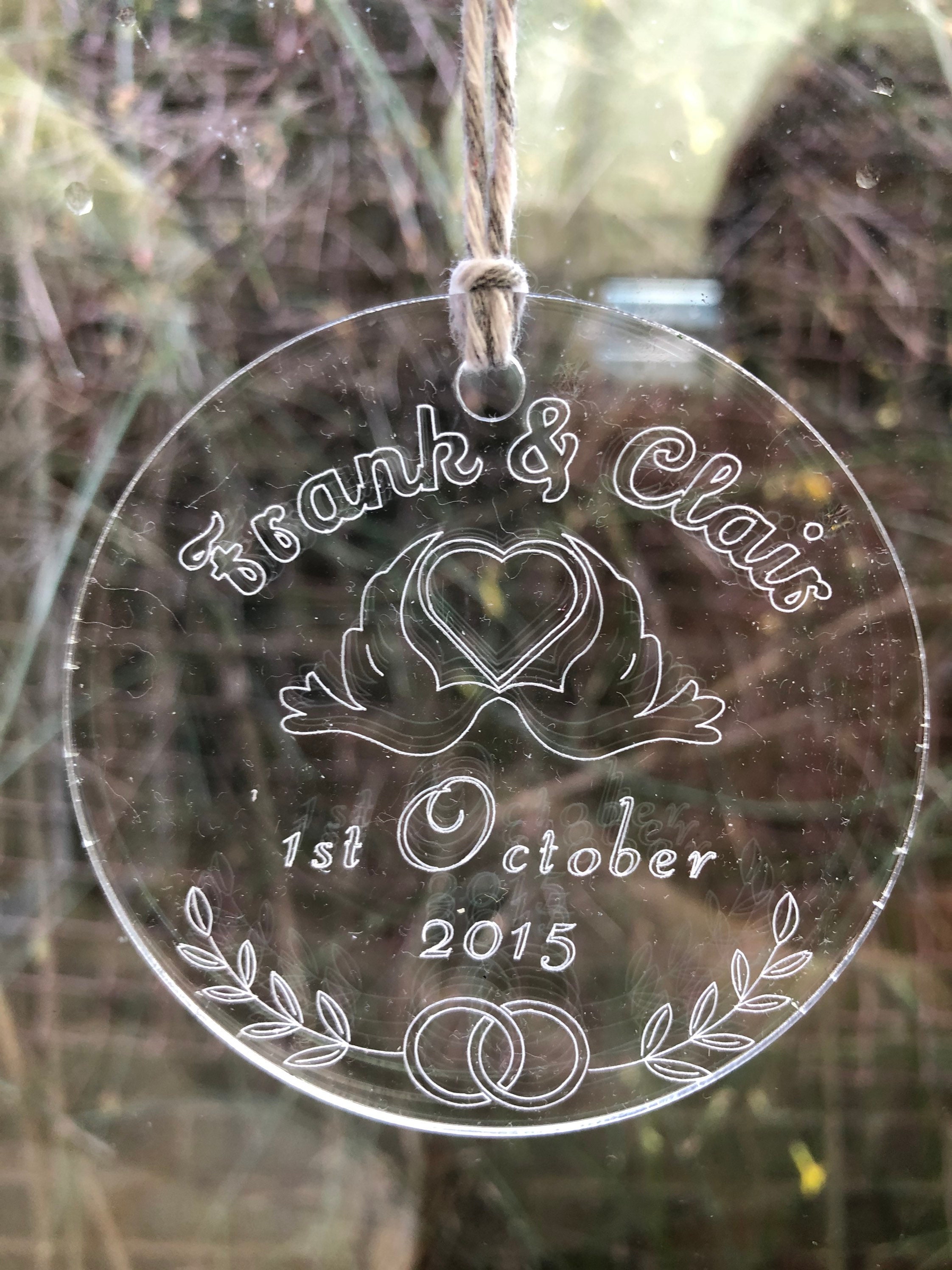 Etched Acrylic Ornament. Personalised Wedding Anniversary