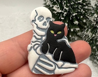 Fur-ever Friends Customizable Polymer Clay Cat and Skeleton Ornament or Pin/Brooch