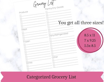 Categorized Grocery List, Grocery List, Printable Grocery List