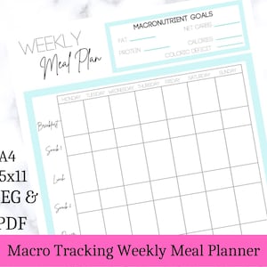 May include: A printable weekly meal planner with a light blue background and a pink banner at the bottom. The planner includes a section for macro goals and a grid for tracking meals for each day of the week.