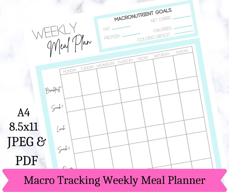 May include: A printable weekly meal planner with a light blue background and a pink banner at the bottom. The planner includes a section for macro goals and a grid for tracking meals for each day of the week.