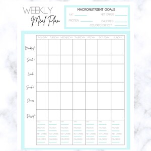 May include: A printable weekly meal planner with a light blue background. The planner includes sections for breakfast, snack 1, lunch, snack 2, dinner, and dessert. Each day of the week is listed across the top, and each meal is listed down the side. There is also a section at the top for macronutrient goals, with spaces to fill in the daily fat, protein, net carbs, calories, and caloric deficit.