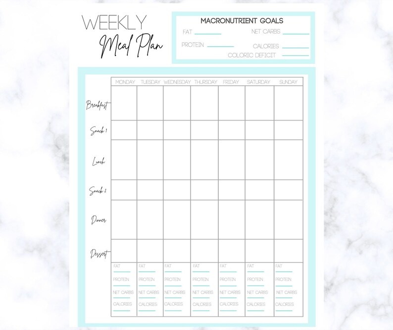 May include: A printable weekly meal planner with a light blue background. The planner includes sections for breakfast, snack 1, lunch, snack 2, dinner, and dessert. Each day of the week is listed across the top, and each meal is listed down the side. There is also a section at the top for macronutrient goals, with spaces to fill in the daily fat, protein, net carbs, calories, and caloric deficit.
