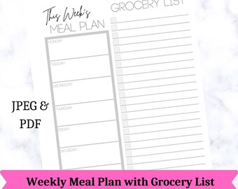 Weekly Meal Planner, Meal Planner with Grocery List,Meal Planner Printable, Grocery List Printable
