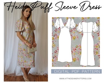Sewing Pattern | Puffy Sleeve Midi Dress, Picnic Dress | Digital PDF File, Instant Download | Size XS-XL | A4, U.S Letter, A0 |