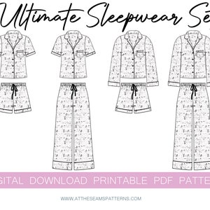 Pj Sewing Pattern | 4 Piece Classic Pyjama Set | Digital PDF File, Instant Download | Size XS-XL | A4, U.S Letter, A0 |