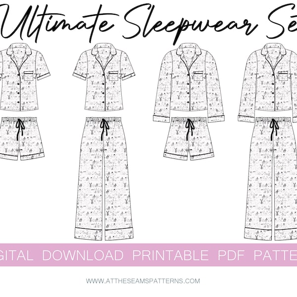 Pj Schnittmuster | 4 Teiliges Classic Pyjama Set | Digitale PDF-Datei, Sofort-Download | Größe XS-XL | A4, US Letter, A0 |