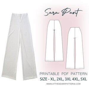 May include: A printable PDF sewing pattern for Sara Pants. The pattern includes sizes XL, 2XL, 3XL, 4XL, and 5XL. The image shows a white pair of pants.