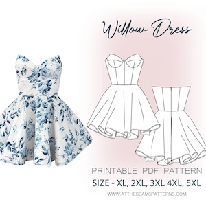May include: A white dress with a blue floral pattern and a sweetheart neckline. The image also shows line drawings of the dress and text that reads "Willow Dress" and "Printable PDF Pattern" with sizes XL to 5XL.