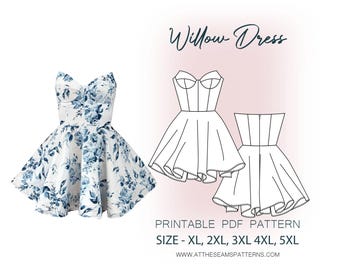 Patrón de costura de tallas grandes / Vestido bustier Willow / Archivo PDF digital, descarga instantánea / Tallas XL-5XL / A4, Carta EE. UU., A0 /