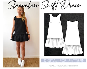 Sewing Pattern | Basic Sleeveless Shift Dress | Digital PDF File, Instant Download | Size XS-XL | A4, U.S Letter, A0 |