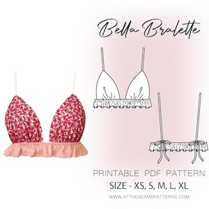 Könnte beinhalten: Ein druckbares PDF-Muster für ein Bella-Bralette. Das Muster umfasst die Größen XS, S, M, L und XL. Das Bild zeigt einen BH mit einem rosafarbenen Blumendruck und einem Rüschenbesatz.
