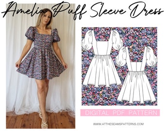 Sewing Pattern | Puffy Sleeve Dress, Babydoll Dress | Digital PDF File, Instant Download | Size XS-XL | A4, U.S Letter, A0 |