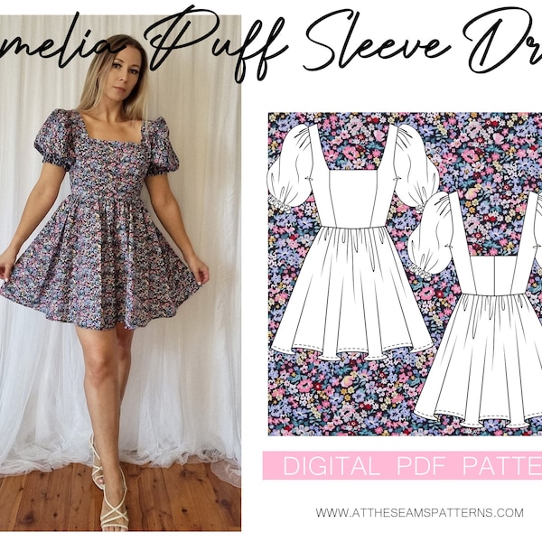 Sewing Pattern | Puffy Sleeve Dress, Babydoll Dress | Digital PDF File, Instant Download | Size XS-XL | A4, U.S Letter, A0 |