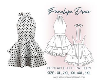 Patrón de costura de tallas grandes / Vestido halter Penelope / Archivo PDF digital, descarga instantánea / Tallas XL-5XL / A4, Carta estadounidense, A0 /