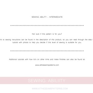Może przedstawiać: Grafika tekstowa w kolorze r&oacute;żowym i białym z napisem "Sewing Ability: Intermediate" i linkiem do dodatkowych samouczk&oacute;w szycia. Tekst zawiera r&oacute;wnież zdanie: "Nie jesteś pewien, czy ten wz&oacute;r jest dla Ciebie? Link do instrukcji szycia można znaleźć w opisie tego produktu, dzięki czemu możesz zapoznać się z samouczkiem krok po kroku z fotografiami, aby pom&oacute;c Ci zdecydować, czy ten poziom szycia jest dla Ciebie odpowiedni."