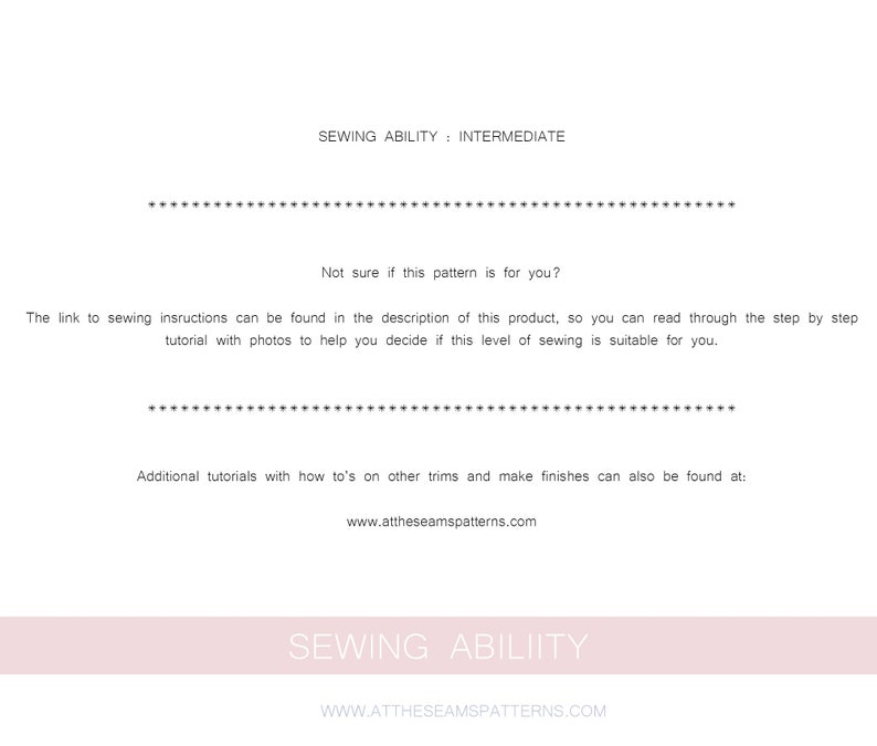Może przedstawiać: Grafika tekstowa w kolorze r&oacute;żowym i białym z napisem "Sewing Ability: Intermediate" i linkiem do dodatkowych samouczk&oacute;w szycia. Tekst zawiera r&oacute;wnież zdanie: "Nie jesteś pewien, czy ten wz&oacute;r jest dla Ciebie? Link do instrukcji szycia można znaleźć w opisie tego produktu, dzięki czemu możesz zapoznać się z samouczkiem krok po kroku z fotografiami, aby pom&oacute;c Ci zdecydować, czy ten poziom szycia jest dla Ciebie odpowiedni."