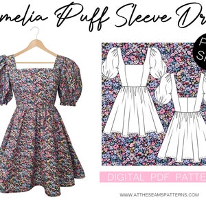 Sewing Pattern | Plus Size Puffy Sleeve Dress, Babydoll Dress | Digital PDF File, Instant Download | Size XL-5XL | A4, U.S Letter, A0 |