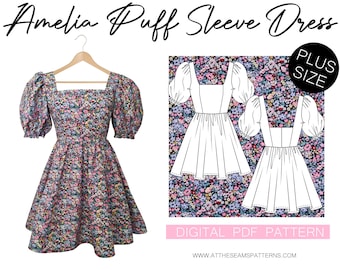 Sewing Pattern | Plus Size Puffy Sleeve Dress, Babydoll Dress | Digital PDF File, Instant Download | Size XL-5XL | A4, U.S Letter, A0 |