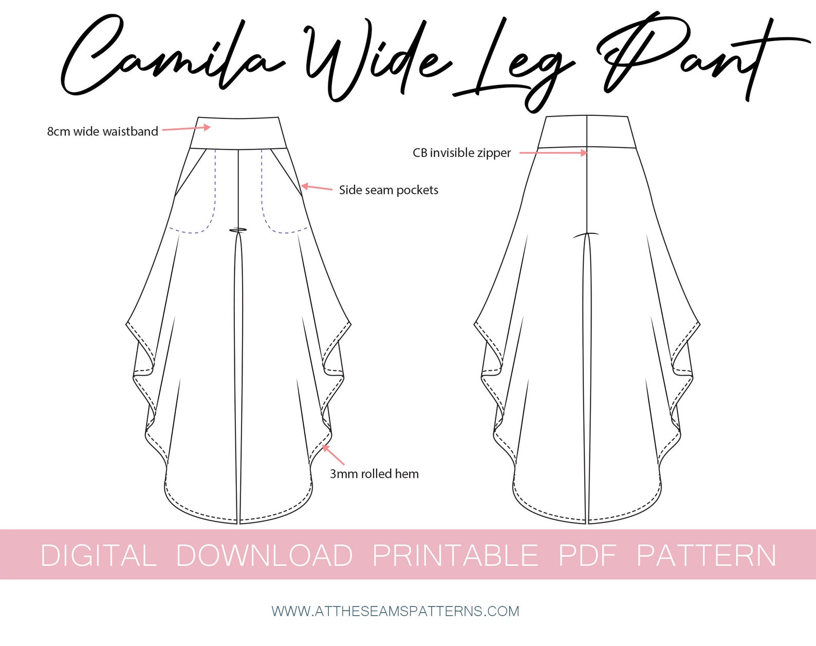 Sewing Pattern Wide Leg Pant High waisted Digital PDF File