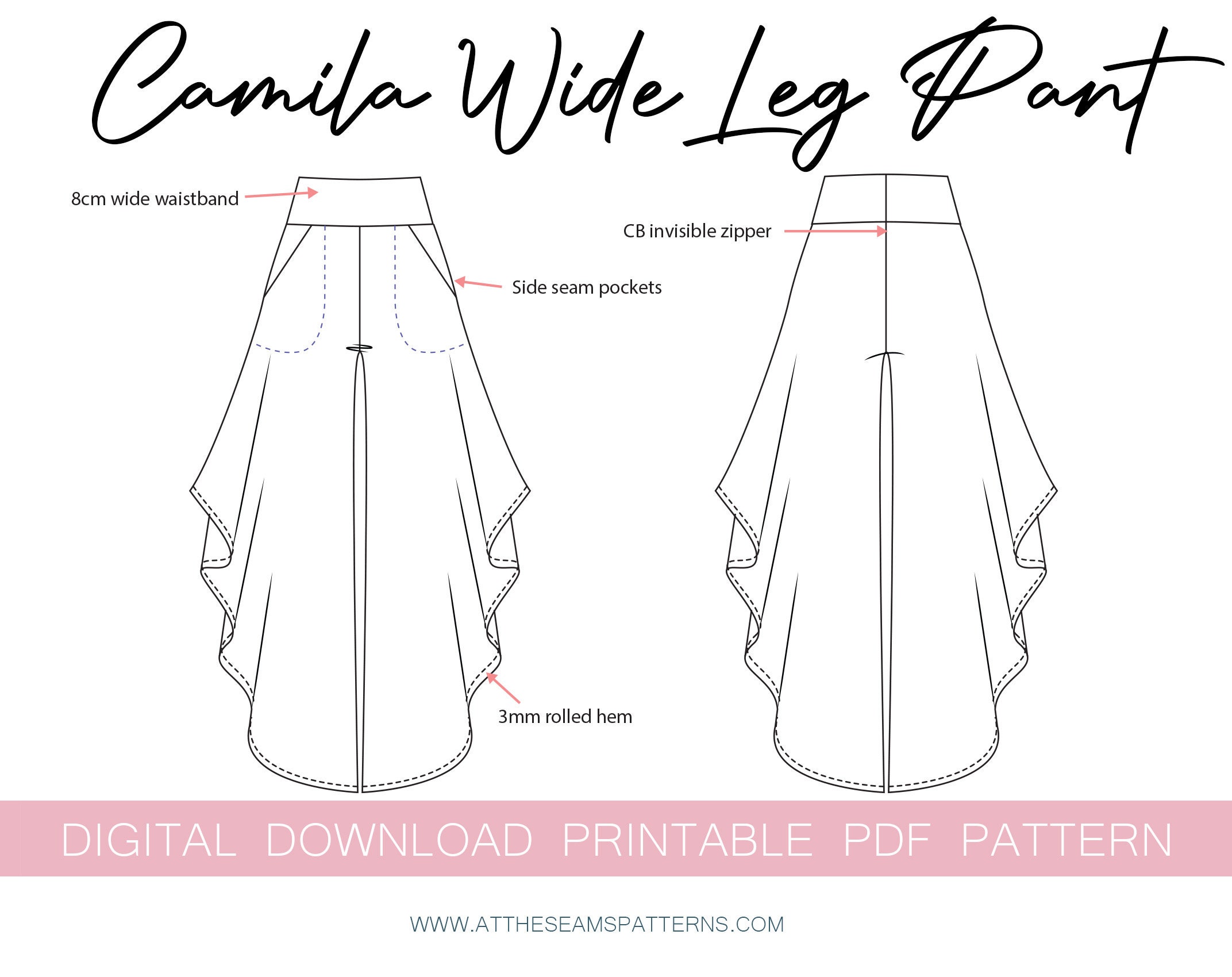 Sewing Pattern | Wide Leg Pant, High-waisted | Digital PDF File ...