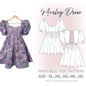 Plus Size Sewing Pattern | Puffy Sleeve Dress, Babydoll Dress | Digital PDF File, Instant Download | Size XL-5XL | A4, U.S Letter, A0 |