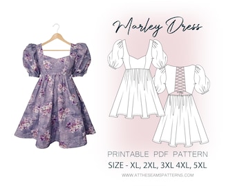 Patrón de costura para tallas grandes / Vestido con mangas abullonadas, Vestido babydoll / Archivo PDF digital, Descarga instantánea / Tallas XL-5XL / A4, Carta EE. UU., A0 /
