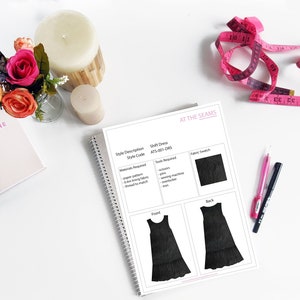 May include: A black shift dress sewing pattern with a front and back view. The pattern includes instructions for sewing the dress, as well as a list of materials and tools needed. The pattern is titled "Shift Dress" and the style code is "ATS-001-DRS".
