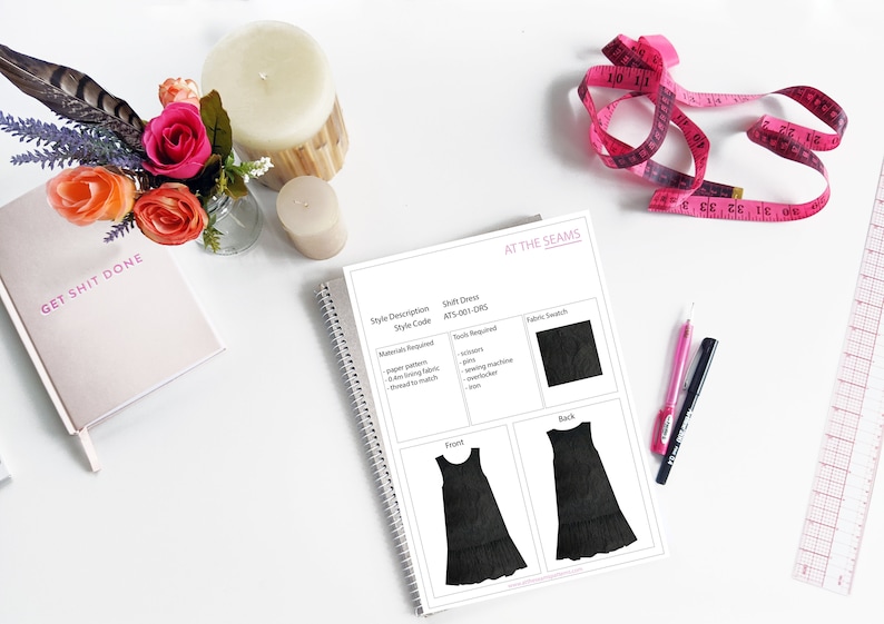 May include: A black shift dress sewing pattern with a front and back view. The pattern includes instructions for sewing the dress, as well as a list of materials and tools needed. The pattern is titled "Shift Dress" and the style code is "ATS-001-DRS".