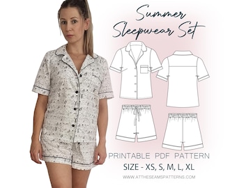 Patrón de costura de pijama / Conjunto de pijama clásico de verano / Archivo PDF digital, descarga instantánea / Tallas XS-XL / A4, Carta EE. UU., A0 /
