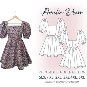 Plus Size Sewing Pattern | Puffy Sleeve Dress, Babydoll Dress | Digital PDF File, Instant Download | Size XL-5XL | A4, U.S Letter, A0 |