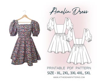 Plus Size Sewing Pattern | Puffy Sleeve Dress, Babydoll Dress | Digital PDF File, Instant Download | Size XL-5XL | A4, U.S Letter, A0 |