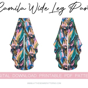 Może przedstawiać: Cyfrowy do pobrania, drukowany wz&oacute;r PDF na szerokie spodnie z kolorowym abstrakcyjnym nadrukiem. Wz&oacute;r nazywa się "Camila Wide Leg Pant".