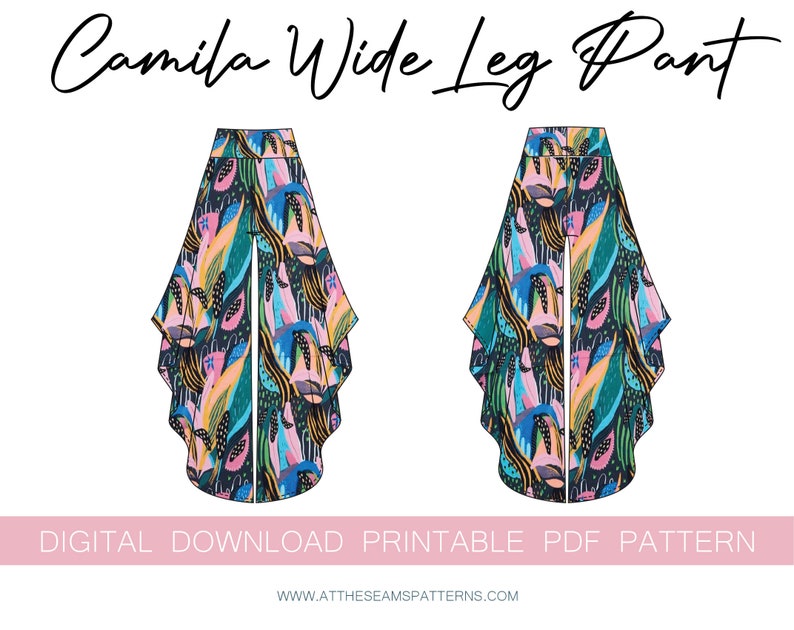 Może przedstawiać: Cyfrowy do pobrania, drukowany wz&oacute;r PDF na szerokie spodnie z kolorowym abstrakcyjnym nadrukiem. Wz&oacute;r nazywa się "Camila Wide Leg Pant".
