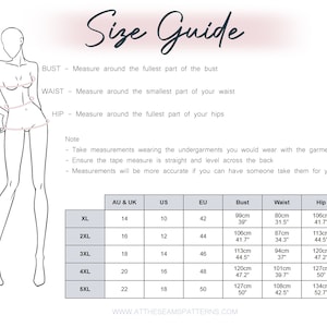 May include: Size guide chart for clothing with measurements in inches and centimetres. The chart includes bust, waist, and hip measurements for sizes XL to 5XL. The chart also includes corresponding sizes for Australia and the United Kingdom, the United States, and Europe.
