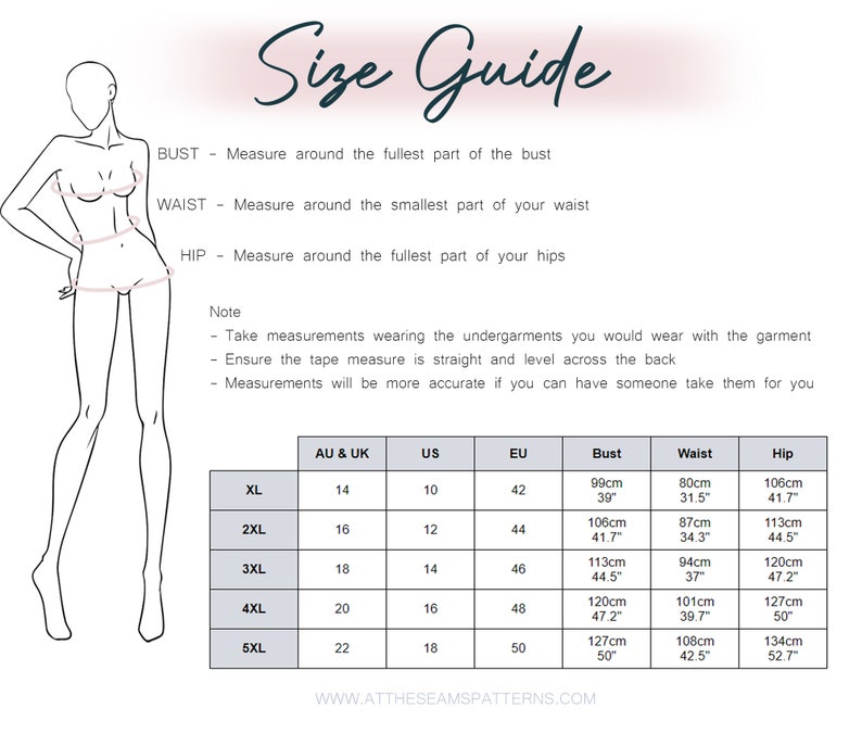 May include: Size guide chart for clothing with measurements in inches and centimetres. The chart includes bust, waist, and hip measurements for sizes XL to 5XL. The chart also includes corresponding sizes for Australia and the United Kingdom, the United States, and Europe.