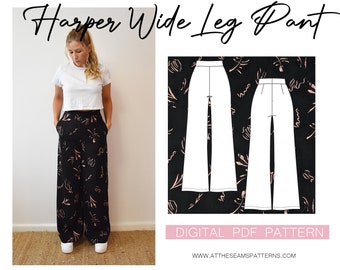 Sewing Pattern | Harper Wide Leg Pant, High-Waisted | Digital PDF File, Instant Download | Size XS-XL | A4, U.S Letter, A0 |