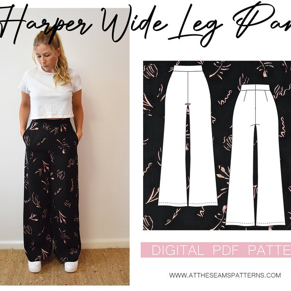 Sewing Pattern | Harper Wide Leg Pant, High-Waisted | Digital PDF File, Instant Download | Size XS-XL | A4, U.S Letter, A0 |