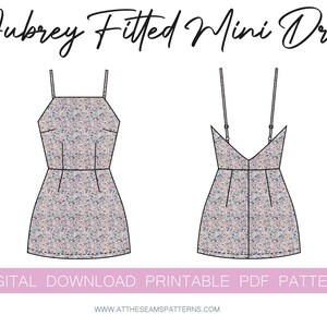 K&ouml;nnte beinhalten: Ein druckbares PDF-Schnittmuster f&uuml;r ein figurbetontes Minikleid mit Blumenmuster. Das Schnittmuster enth&auml;lt Anleitungen zum N&auml;hen des Kleides mit quadratischem Ausschnitt und d&uuml;nnen Tr&auml;gern.