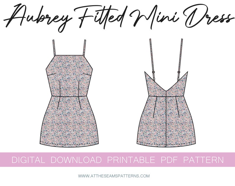 K&ouml;nnte beinhalten: Ein druckbares PDF-Schnittmuster f&uuml;r ein figurbetontes Minikleid mit Blumenmuster. Das Schnittmuster enth&auml;lt Anleitungen zum N&auml;hen des Kleides mit quadratischem Ausschnitt und d&uuml;nnen Tr&auml;gern.