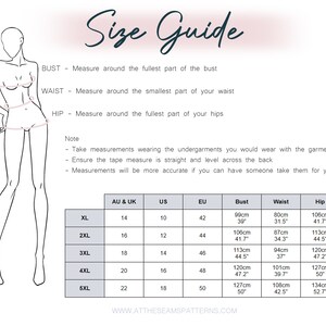 May include: Size guide chart for clothing with measurements in inches and centimeters. The chart includes bust, waist, and hip measurements for sizes XL to 5XL. The chart also includes corresponding sizes for Australia and the United Kingdom, the United States, and Europe.