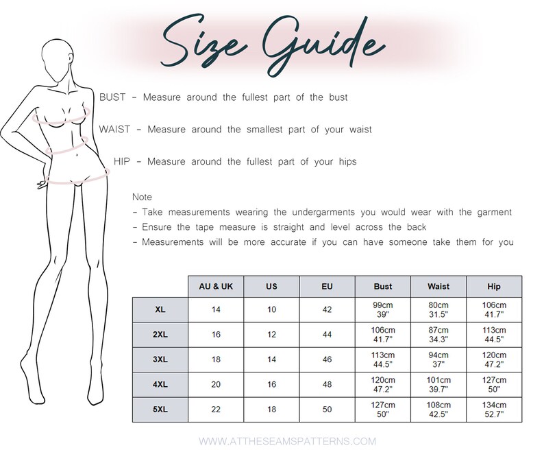 May include: Size guide chart for clothing with measurements in inches and centimeters. The chart includes bust, waist, and hip measurements for sizes XL to 5XL. The chart also includes corresponding sizes for Australia and the United Kingdom, the United States, and Europe.