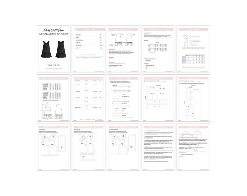 May include: A digital sewing pattern booklet for a "Baby Soft Dress" in sizes XS-XL. The booklet includes instructions, measurements, and pattern pieces for the dress.