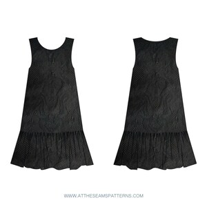 May include: A black sleeveless dress with a ruffled hem and a textured pattern. The dress has a scoop neckline and a relaxed fit.