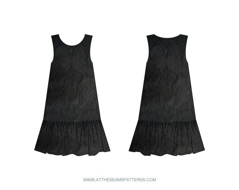 May include: A black sleeveless dress with a ruffled hem and a textured pattern. The dress has a scoop neckline and a relaxed fit.