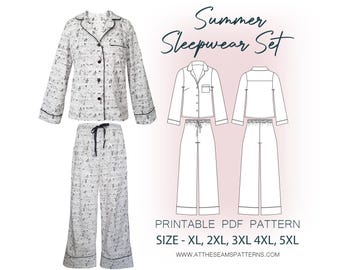 Patrón de costura para tallas grandes / Conjunto de pijama clásico de invierno y verano / Archivo PDF digital, descarga instantánea / Tallas XL-5XL / A4, Carta EE. UU., A0 /