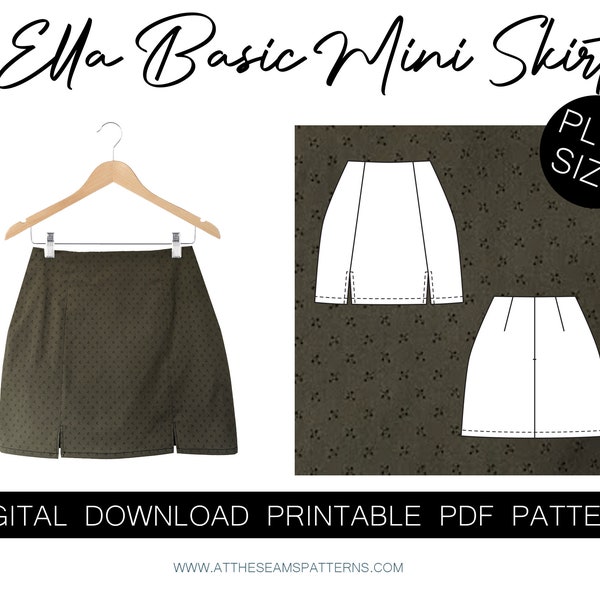 Sewing Pattern | Plus Size Ella Basic Mini Skirt with Splits | Digital PDF File, Instant Download | Size XL-5XL (Plus Free Mask Pattern)